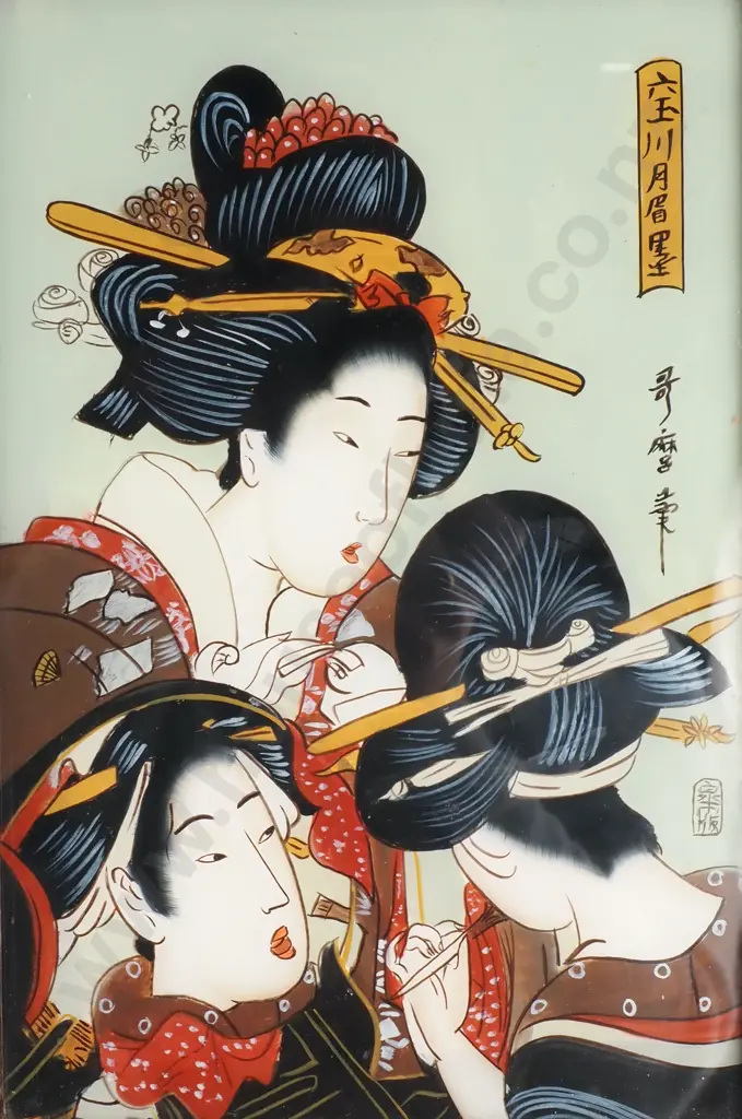 Japanese Woodblock - Women in Kimonos w Detailed Hair & Clothing Patterns Image 1++