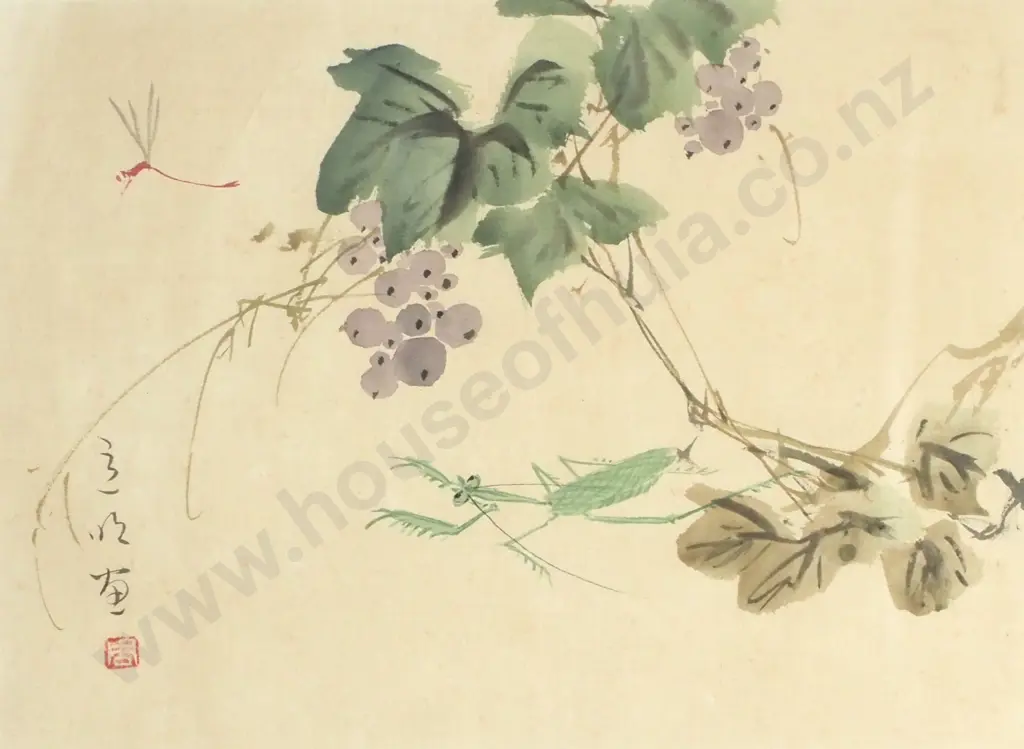 Artist Unknown - Praying Mantis on Plant, Japanese Print on Silk Image 1++