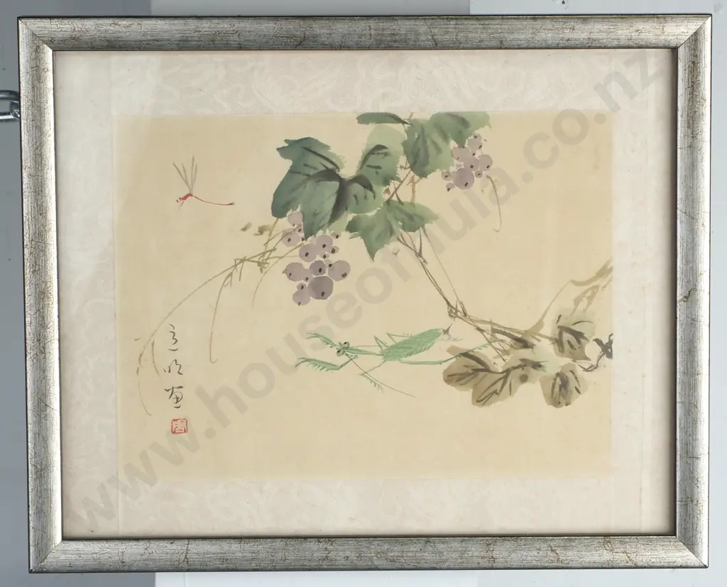 Artist Unknown - Praying Mantis on Plant, Japanese Print on Silk Image 1++