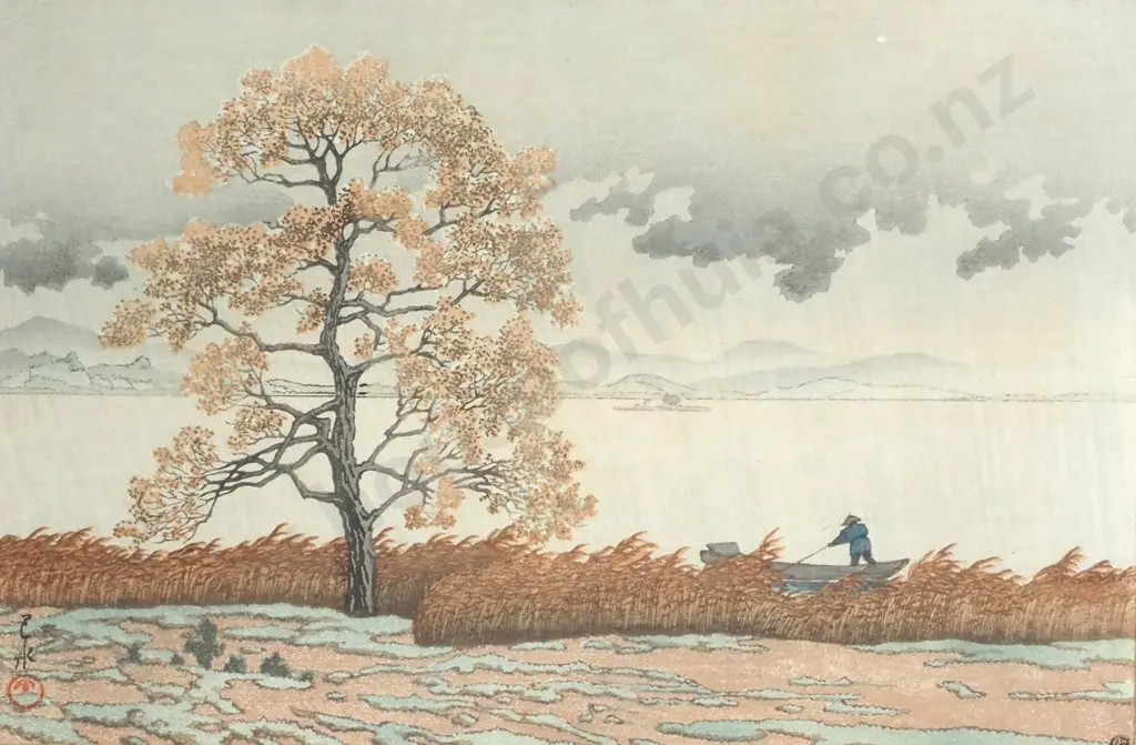 Kawase Hasui - Rain on Lake Matsue, Woodblock Print Image 1++