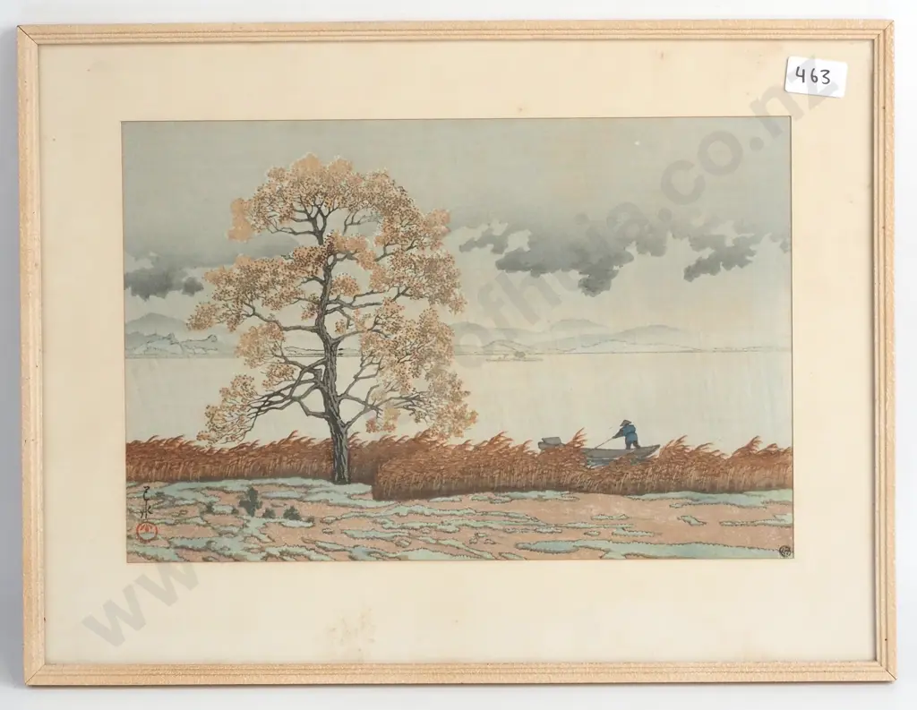 Kawase Hasui - Rain on Lake Matsue, Woodblock Print Image 1++