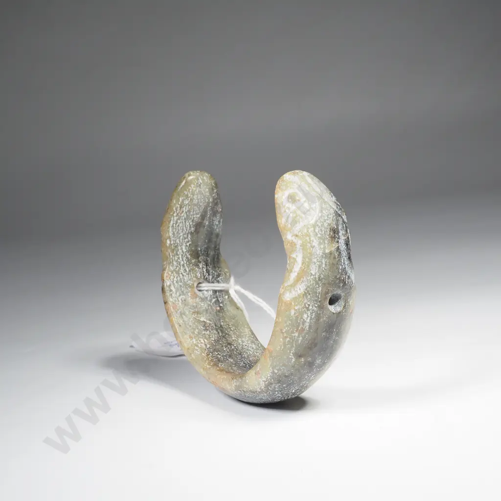 Chinese Jade Double Serpentine Pendant or Open Bracelet w Two Holes for Suspension, Possibly Hongshan Image 1++