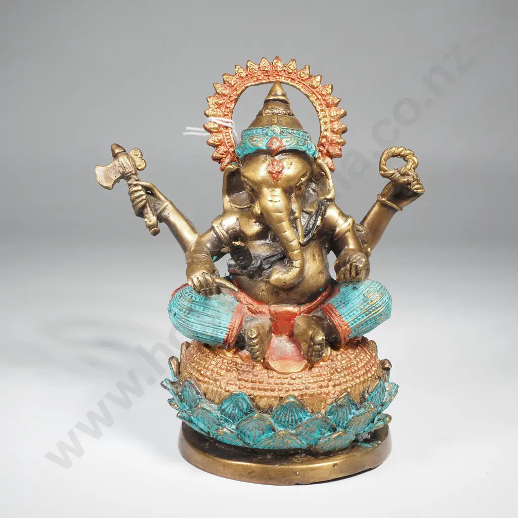 Colourful Brass Ganesha Figure Sitting on a Lotus Base Image 1++