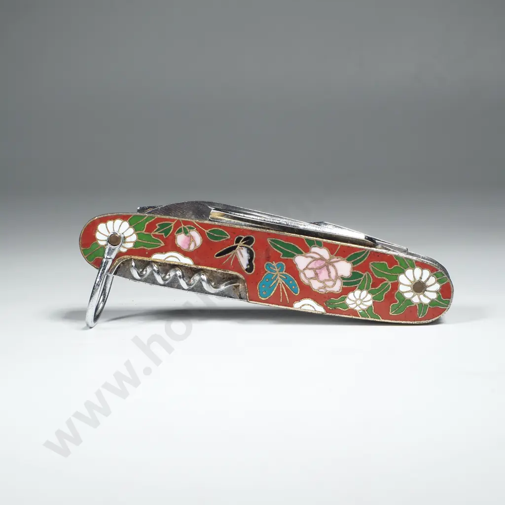 Vintage Chinese Shanghai Cloisonne Multi Tool Pocket Knife - Red Ground Image 1++