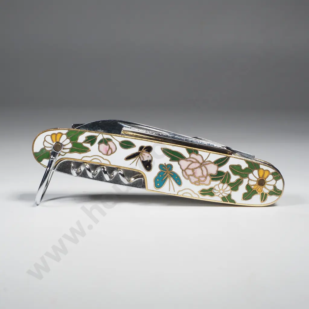 Vintage Chinese Shanghai Cloisonne Multi Tool Pocket Knife - White Ground Image 1++