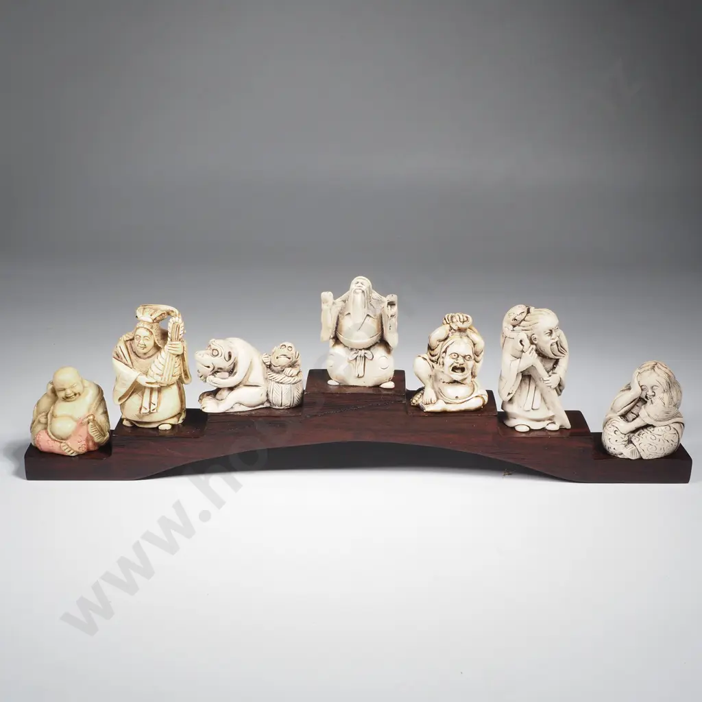 Group of Resin Moulded Netsuke & Okimono Pieces w Wooden Stand Image 1++