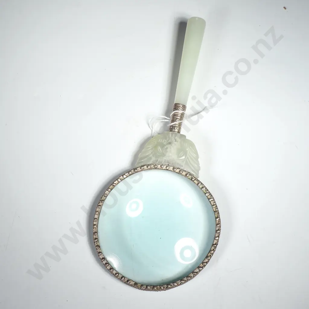 Vintage Chinese  Jadeite Magnifying Glass w Floral Design to Rim Image 1++