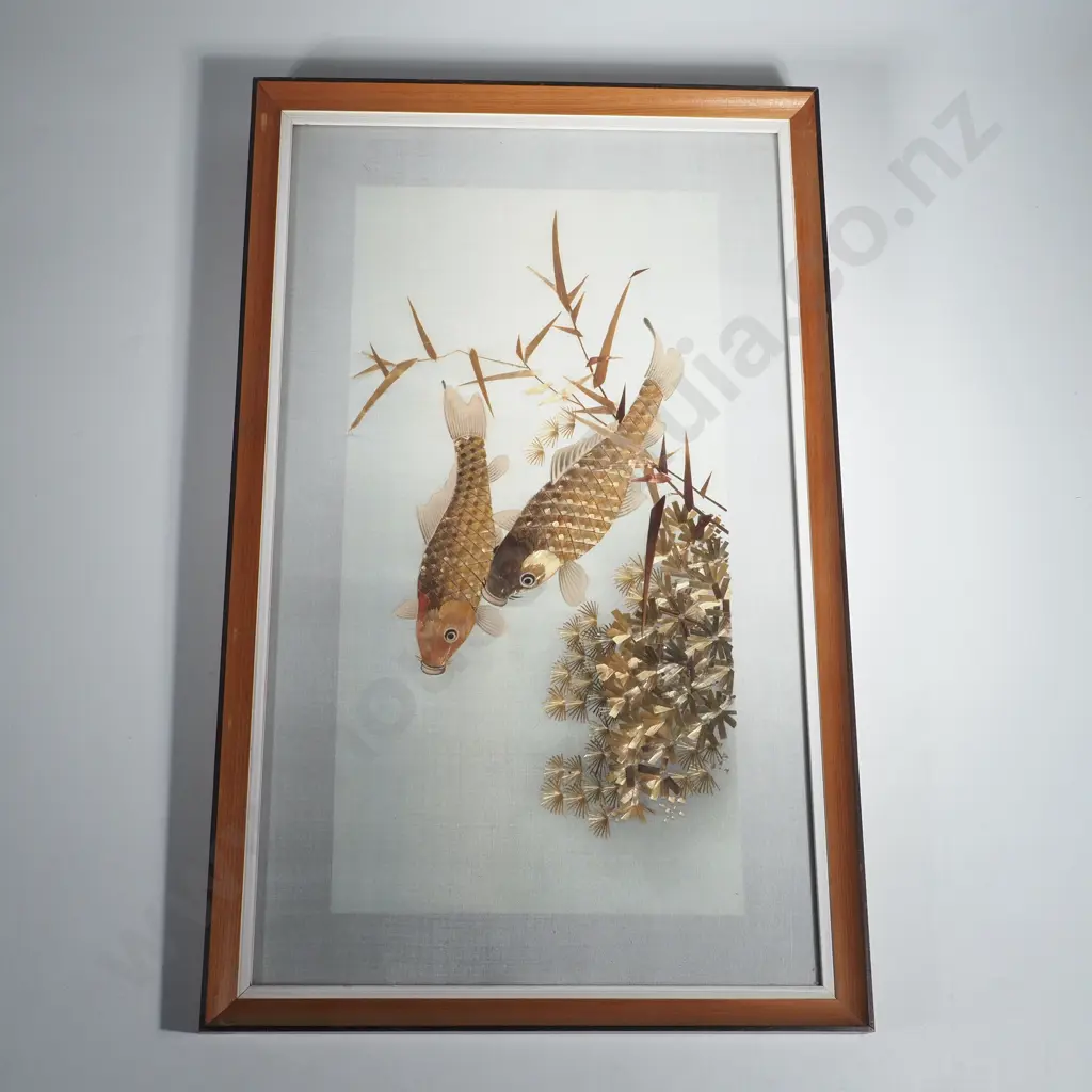 A Framed Artwork Depicting Two Koi W Intricate Scales. Possibly Made From Gilt Metal  Image 1++