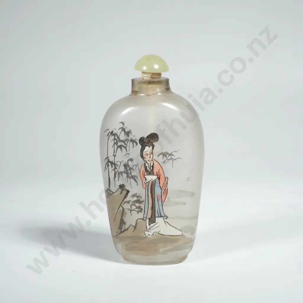 Reverse Painted Rectangular Snuff Bottle Decorated w a Chinese Woman In Nature Image 1++