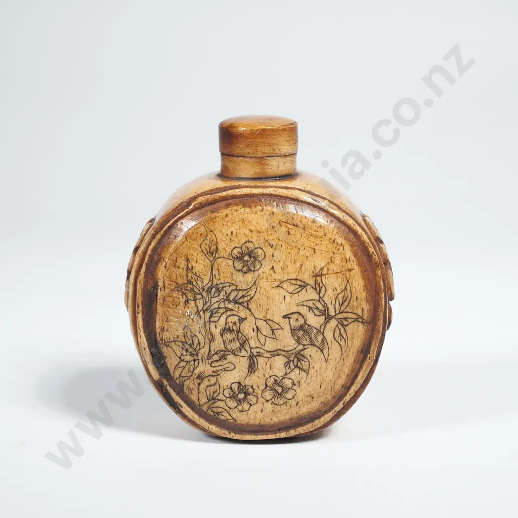 Chinese Bone Snuff Bottle w Intricate Relief Carving to Both Sides Image 1++