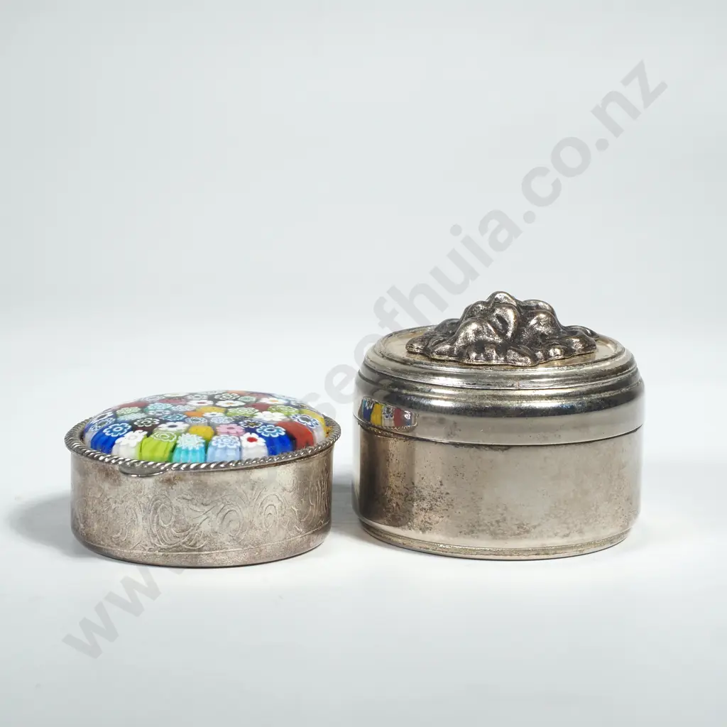 Two Round Silver Plated  Ring Boxes - One w Embossed Lion & The Other Mille Fiori Decoration Image 1++