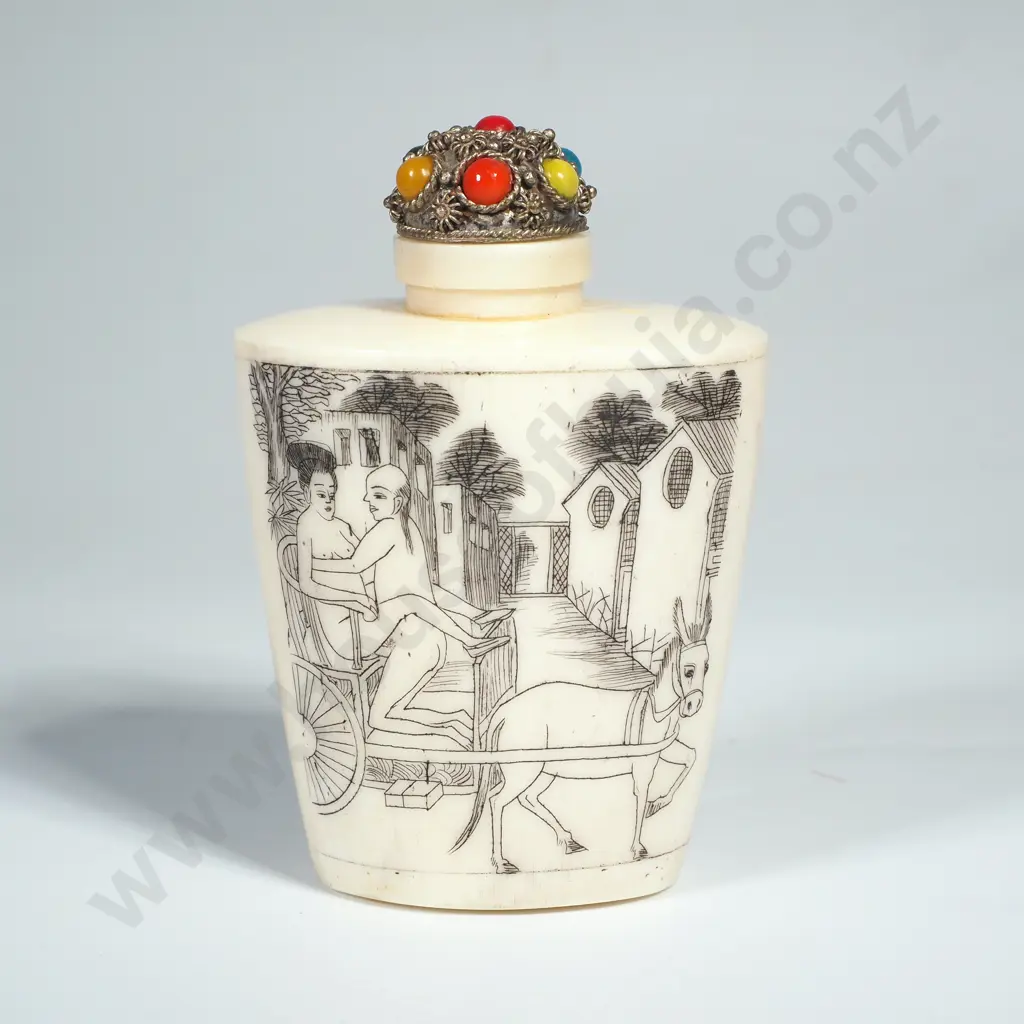 Vintage Chinese Bone Snuff Bottle Hand Carved w Erotica  & w Jewelled Stopper Image 1++