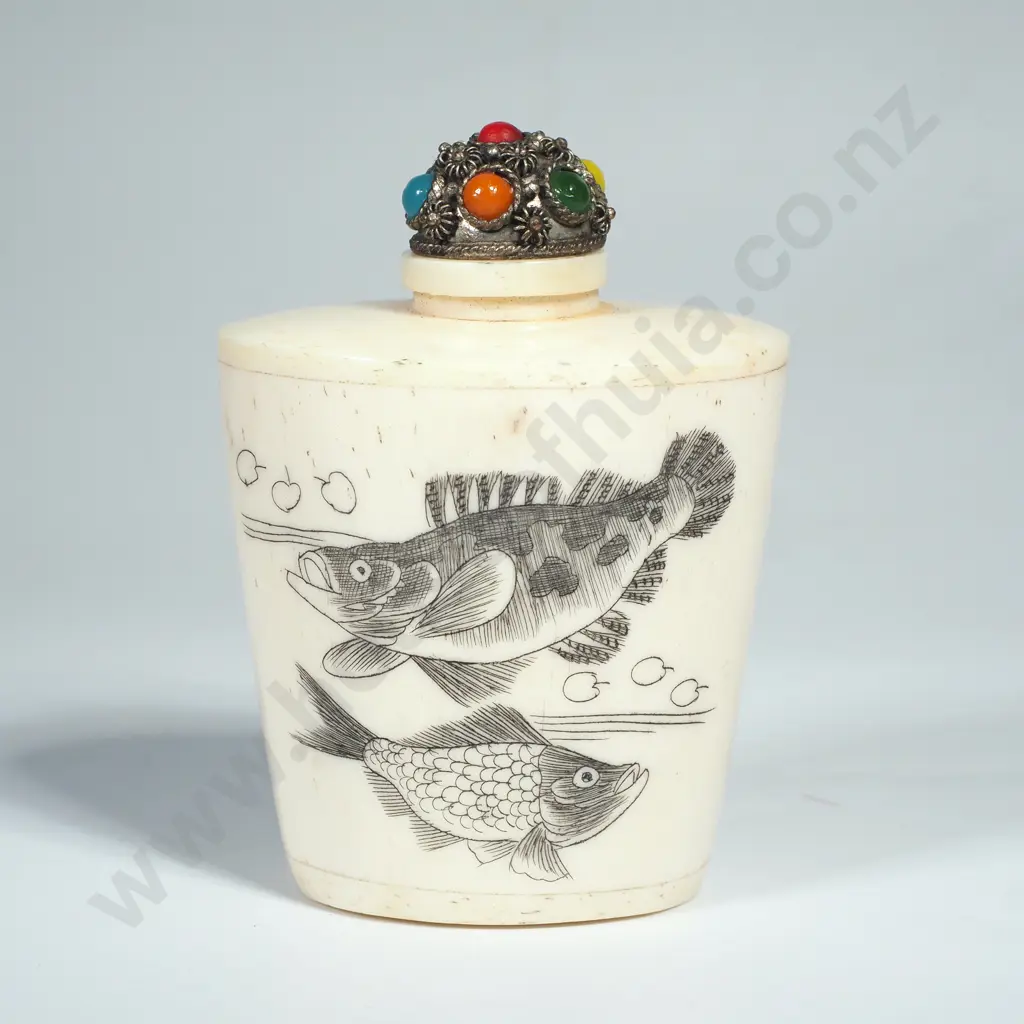 Vintage  Chinese Bone Snuff Bottle Hand Carved w Fish & w Jewelled Stopper Image 1++