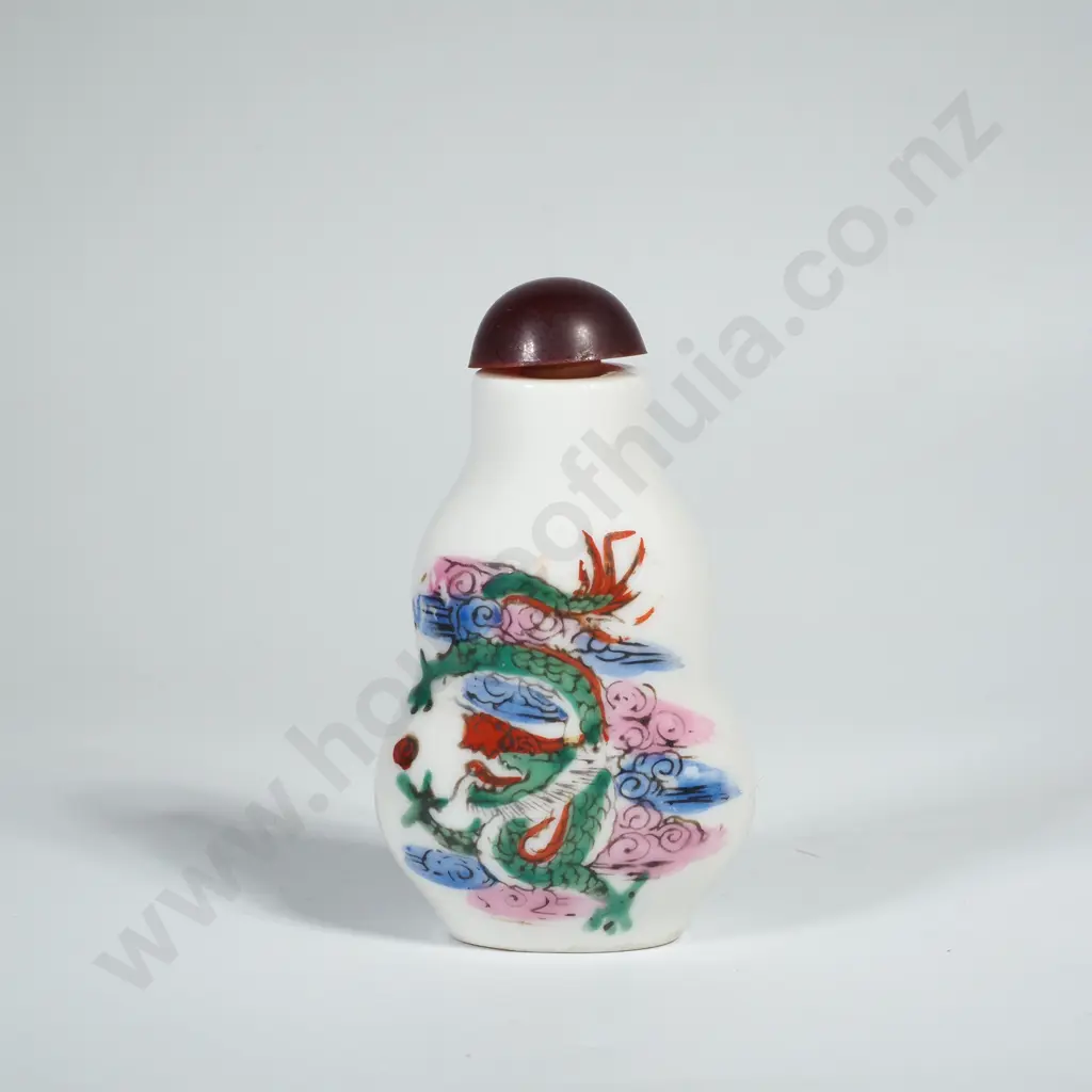 Vintage Porcelain Snuff Bottle Featuring a Hand Painted Dragon Design Image 1++