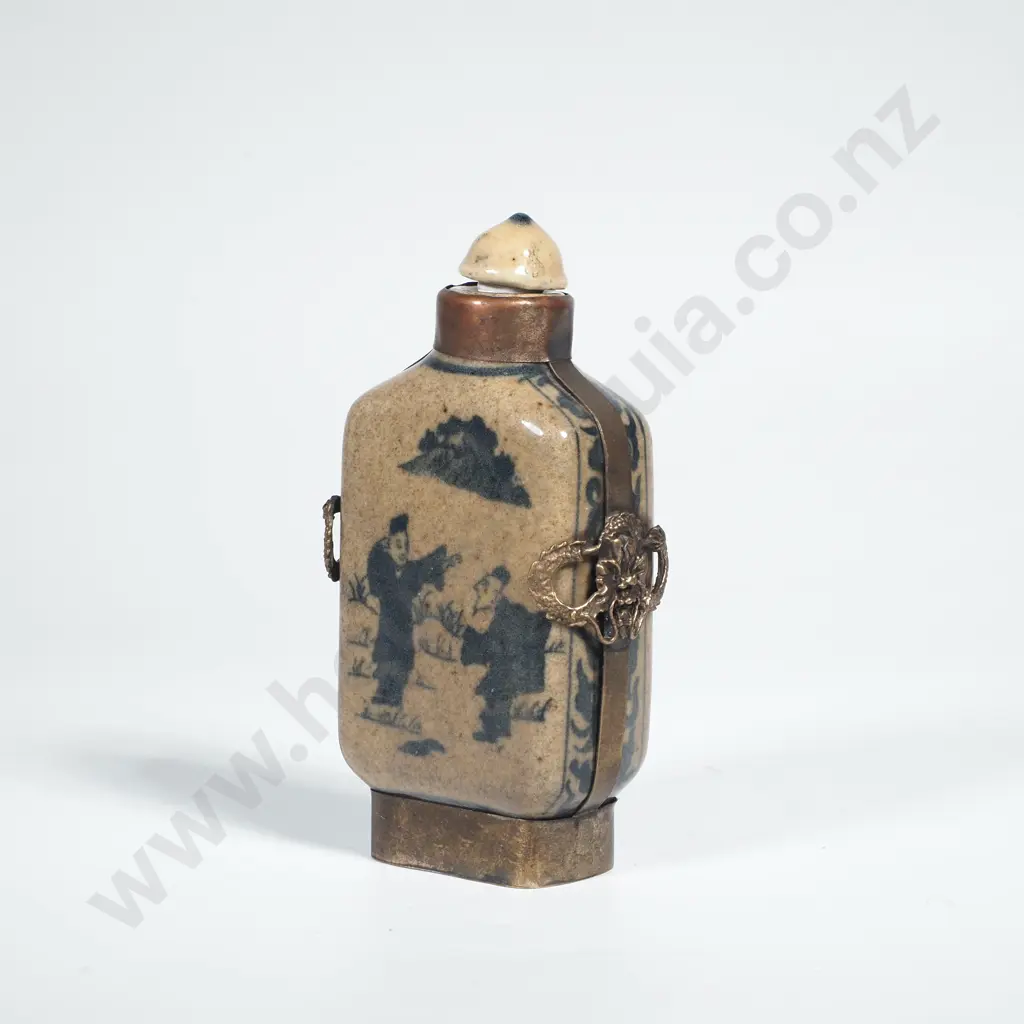 Pottery Chinese Snuff Bottle w a Blue Underglaze Figural Design Image 1++