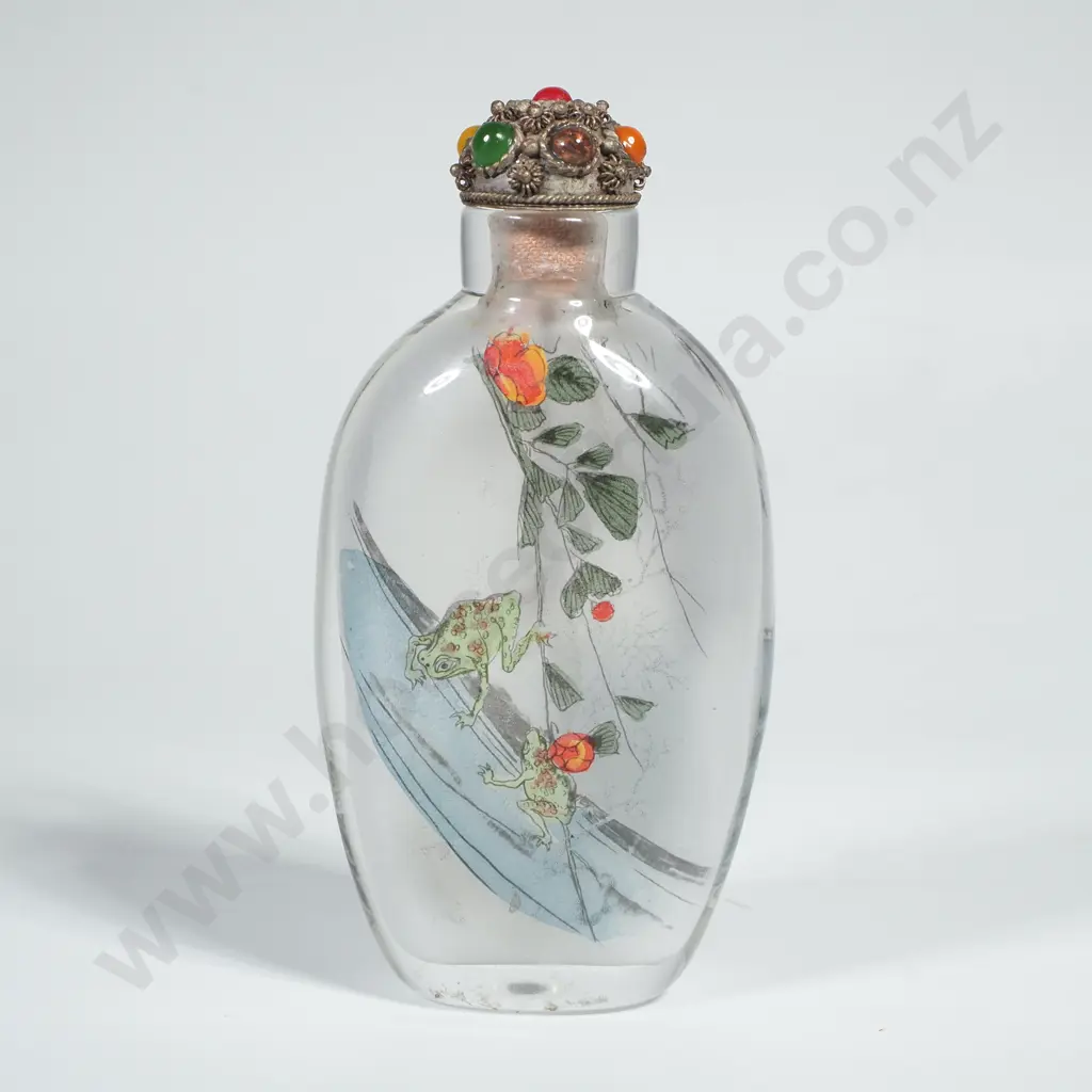 Vintage Chinese Interior Painted Snuff Bottle Depicting a Landscape Scene w Frogs & Flora Image 1++