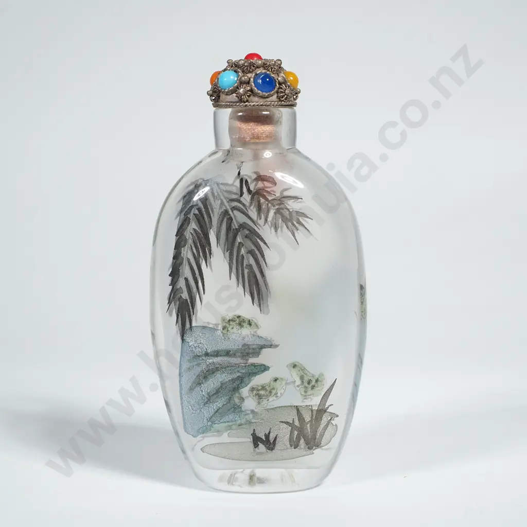 Vintage Chinese Interior Painted Snuff Bottle Depicting a Landscape Scene w Frogs & Flora Image 1++