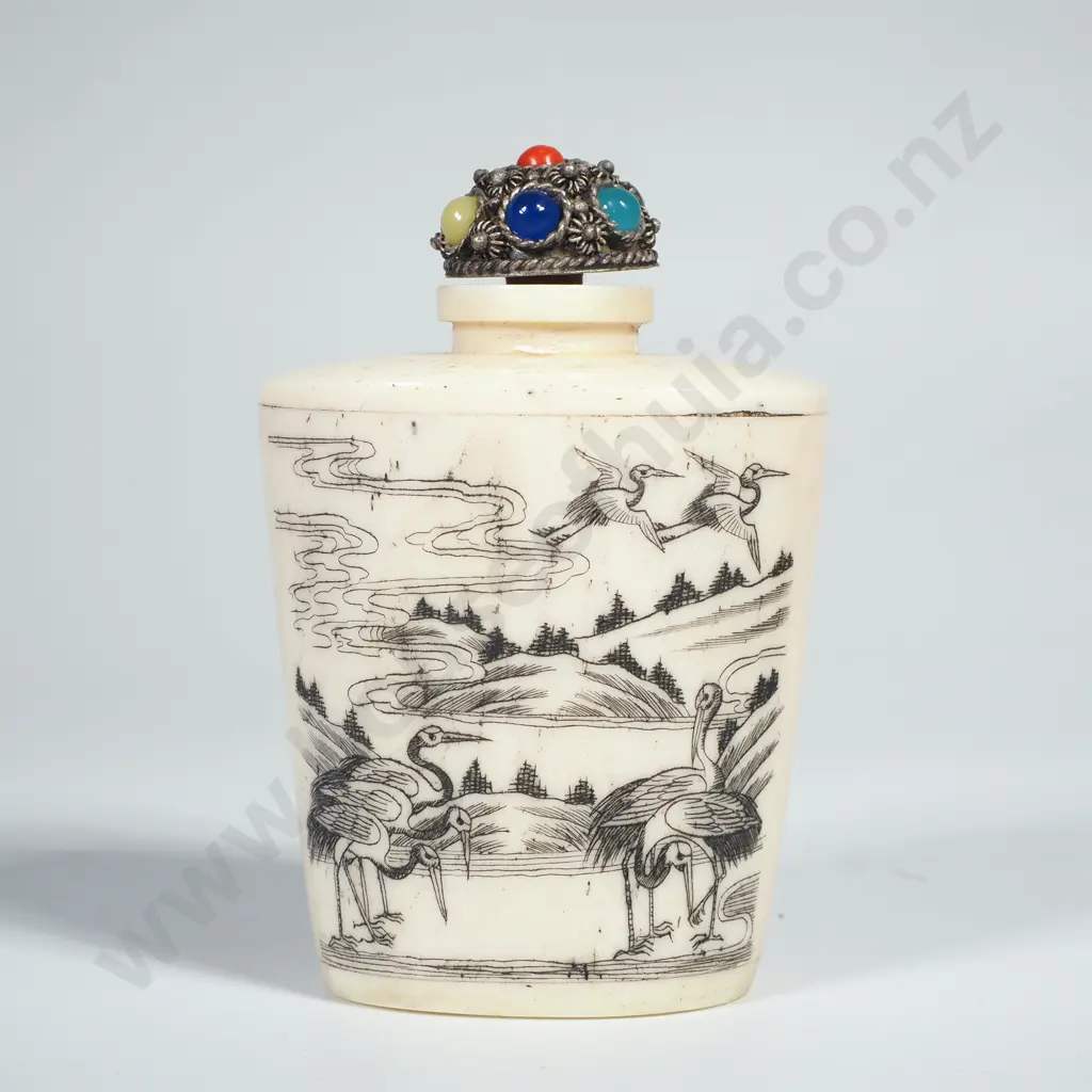 Vintage Chinese Bone Snuff Bottle Hand Carved w Cranes  & w Jewelled Stopper Image 1++