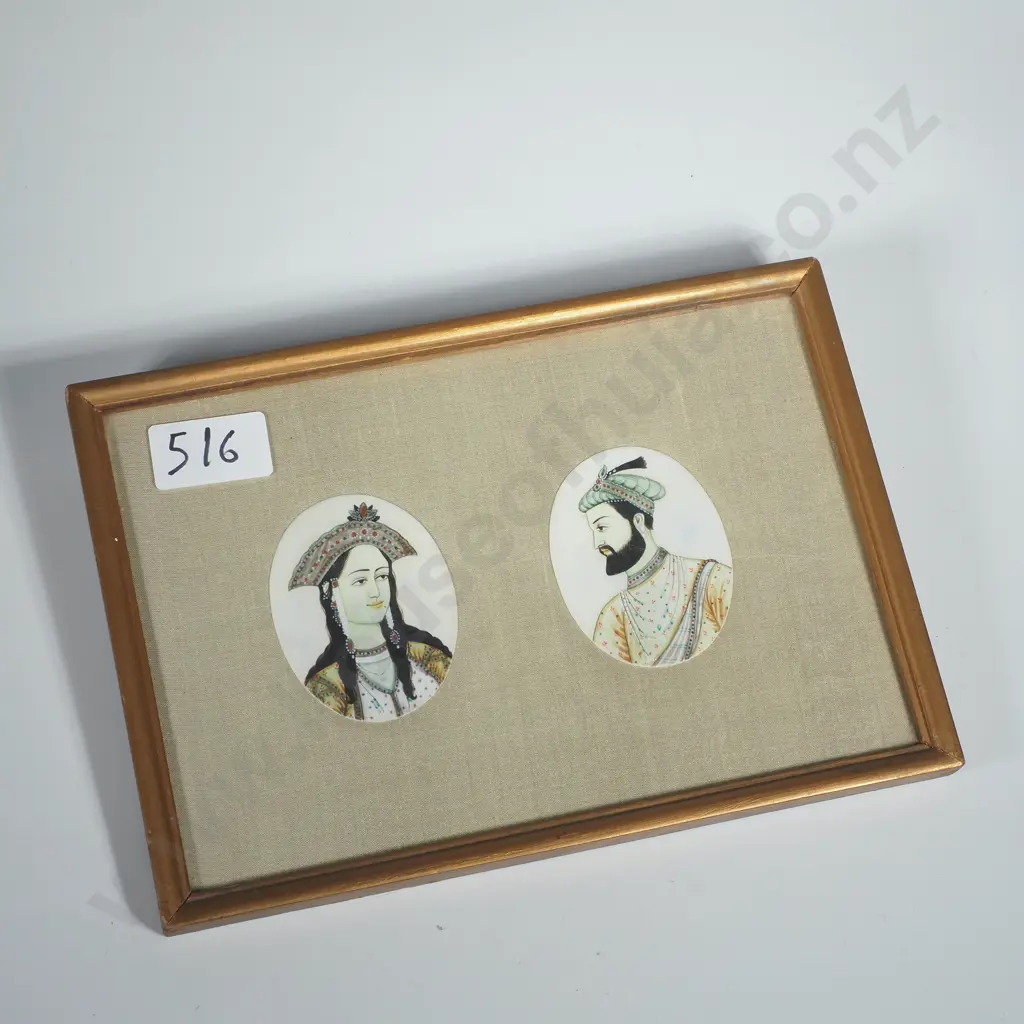 Vintage Indian Mughal-Style Gouache Paintings Possibly on Ivory & Mounted on Silk Image 1++