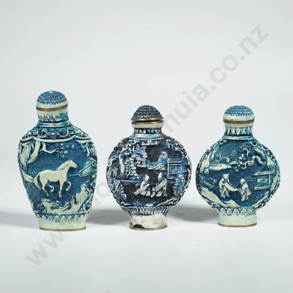 Three Carved Resin Snuff Bottles, All w Makers Mark to Base Image 1++