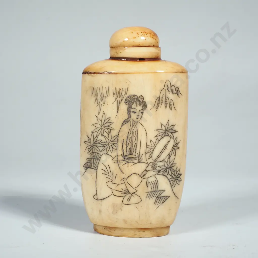 Vintage  Chinese Bone Snuff Bottle Hand Carved w Etched w Figure in a Landscape Scene Image 1++