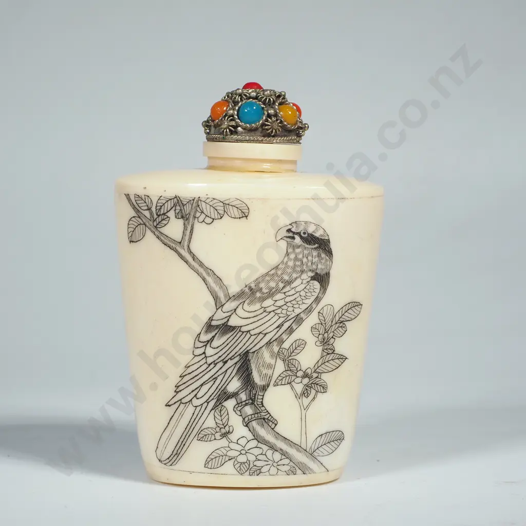 Vintage Chinese Bone Snuff Bottle Hand Carved w Bird on a Branch &  w Jewelled Stopper Image 1++