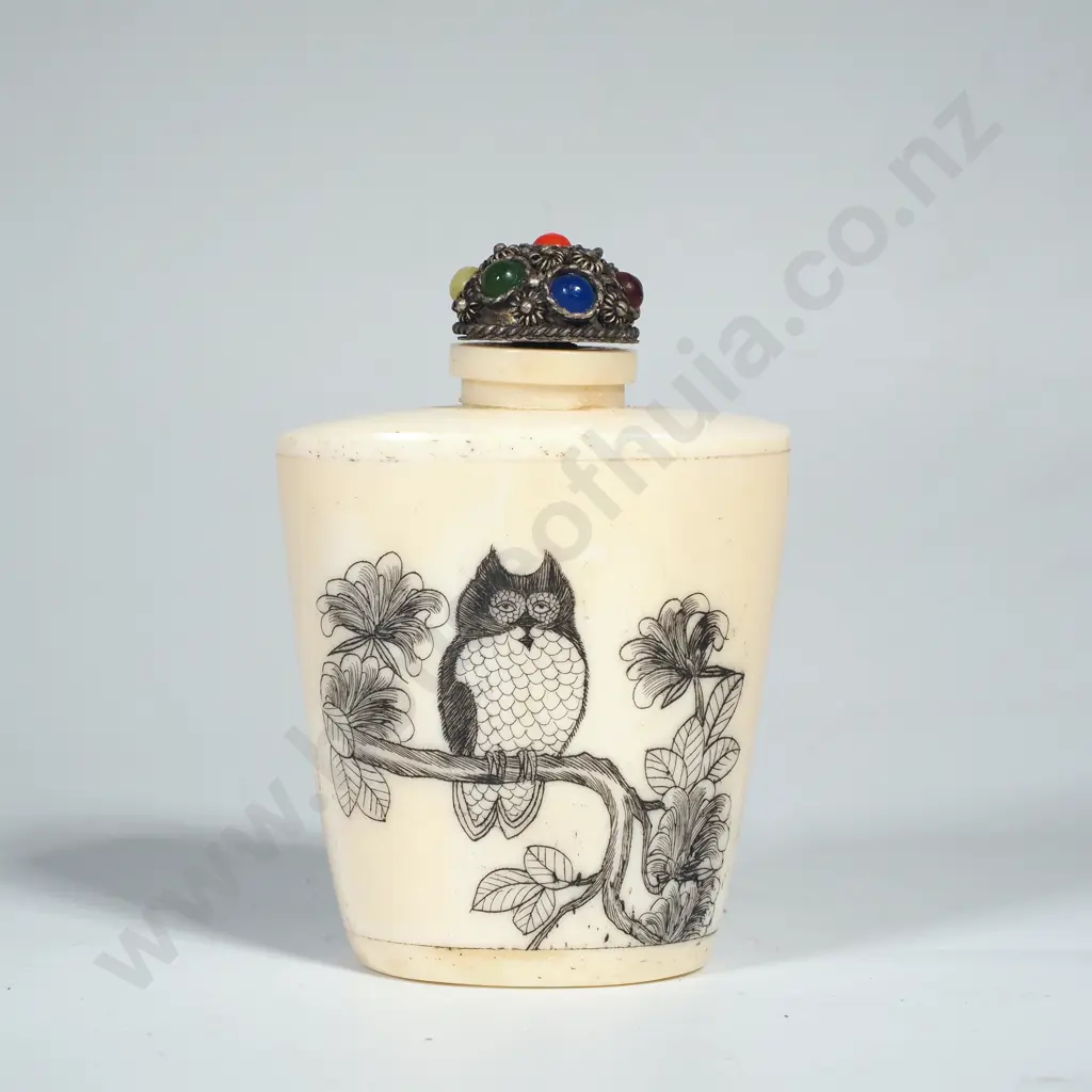 Vintage Chinese Bone Snuff Bottle Hand Carved w An Owl on a Branch   & w Jewelled Stopper Image 1++