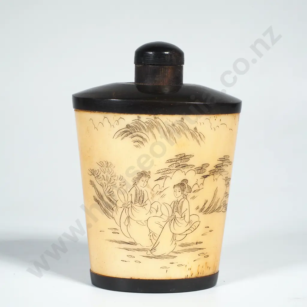 Vintage  Chinese Bone Snuff Bottle Hand Carved w Etched Scene of Figures in a Landscape Image 1++