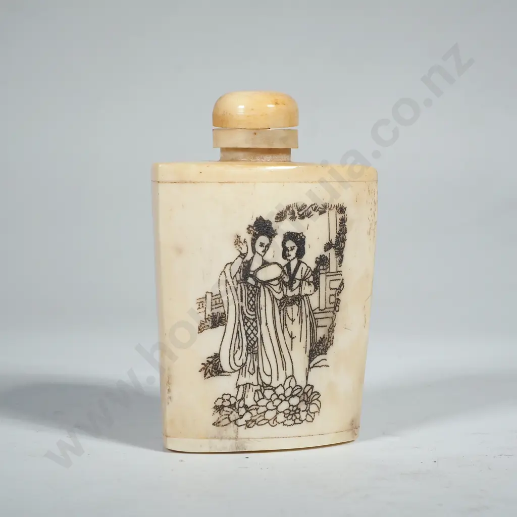 Vintage  Chinese Bone Snuff Bottle Hand Carved w Etched Scene of Figures in a Landscape Image 1++
