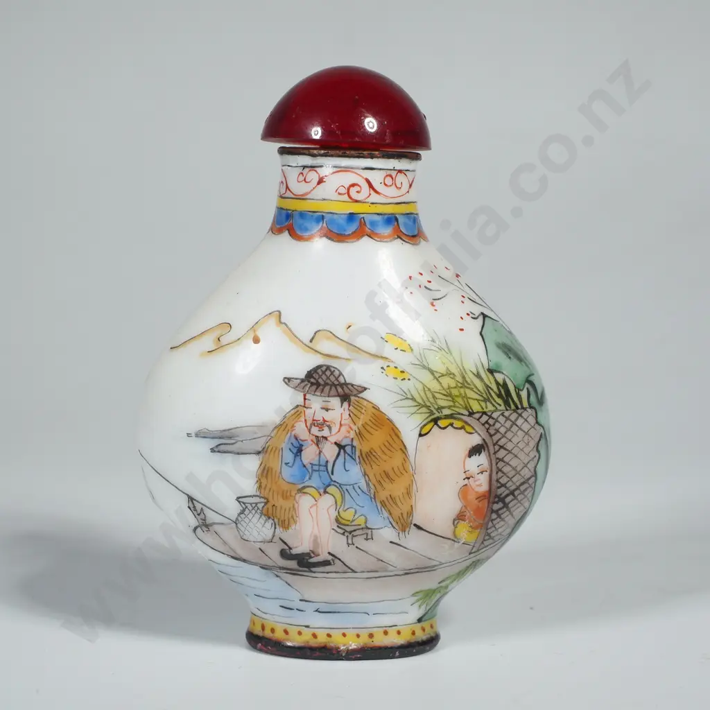 Chinese Enamel Snuff Bottle Featuring Painted Scenes of Figures in a Landscape Image 1++