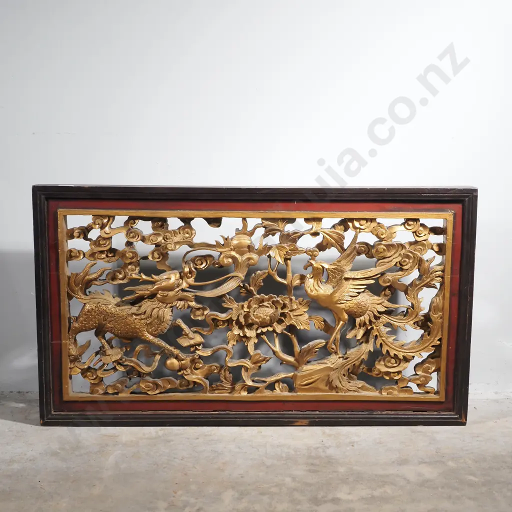 Antique  Chinese Giltwood Panel w Intricate Carving Depicting A Dragon Amongst Clouds & Fauna Image 1++