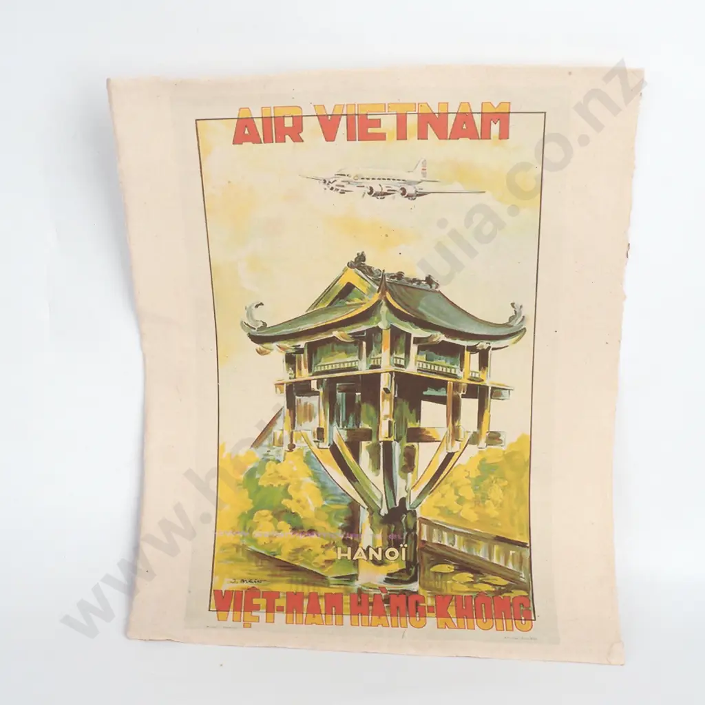 Vintage Air Vietnam Poster from the 1950s featuring a Scenic Illustration Of Hanoi's Famous Pillar Pagoda & Plane Image 1++