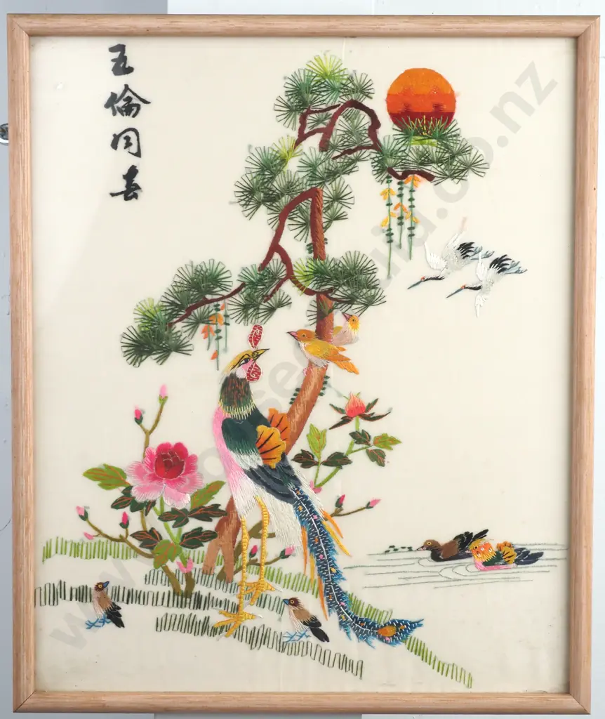 Vintage Asian Framed Silk Embroidery. Circa 1930. Depicting Peacock Birds & Flowers  Image 1++