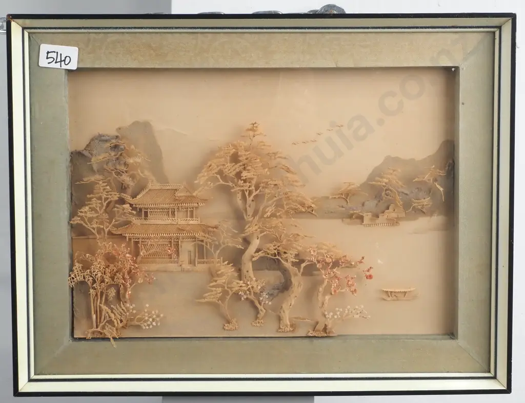 Vintage Chinese Carved Cork Diorama Depicting A Pagoda & Trees  Image 1++
