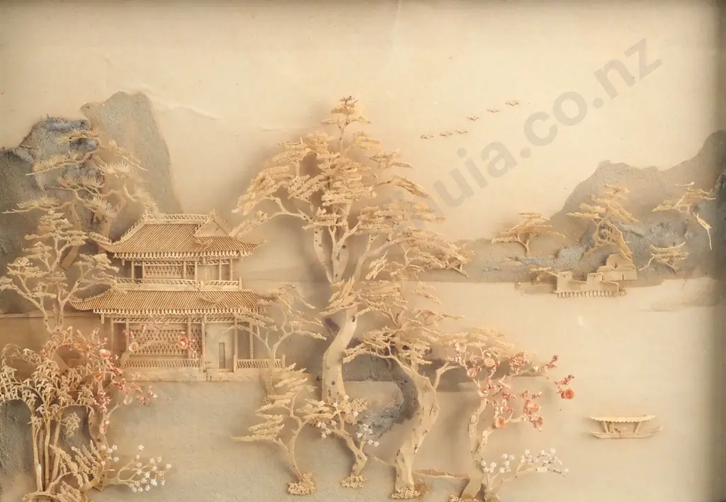 Vintage Chinese Carved Cork Diorama Depicting A Pagoda & Trees  Image 1++