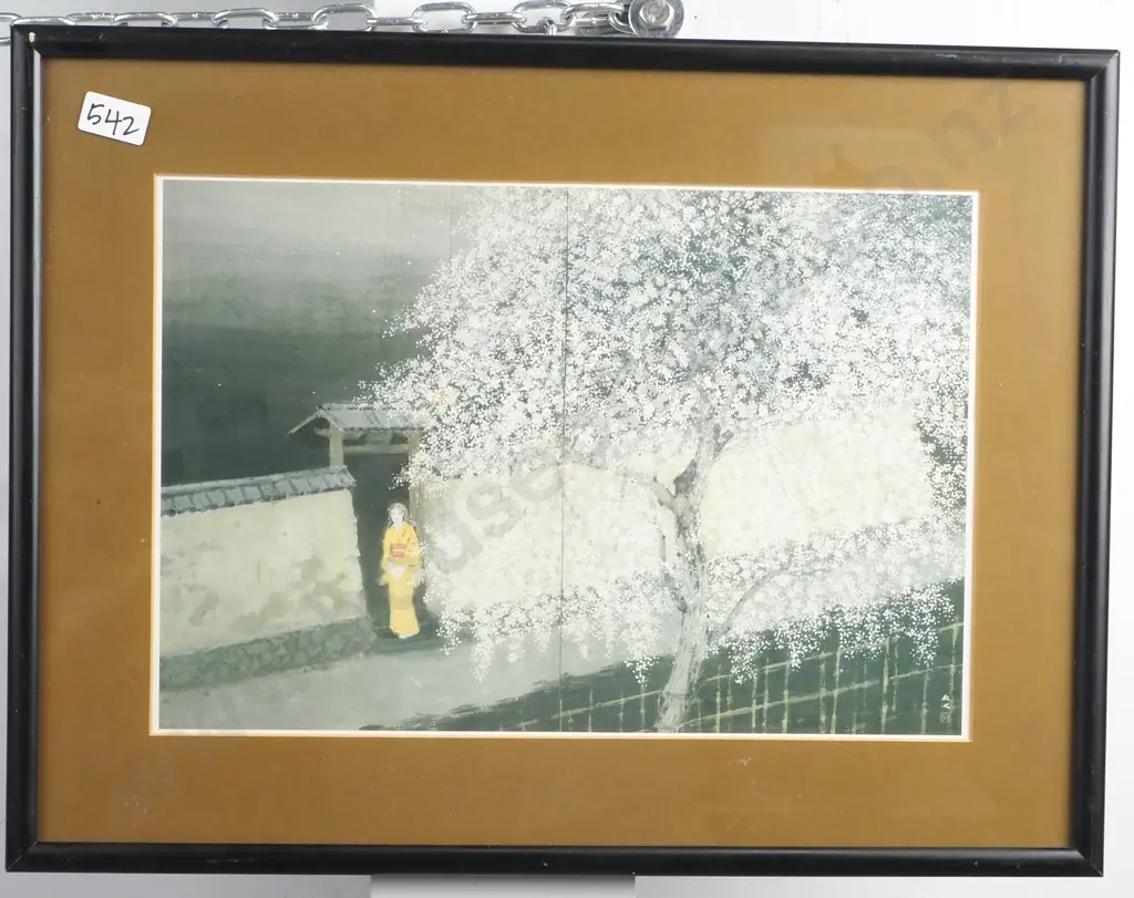 Landscape w Cherry Blossom & Japanese Figure, Watercolour Image 1++