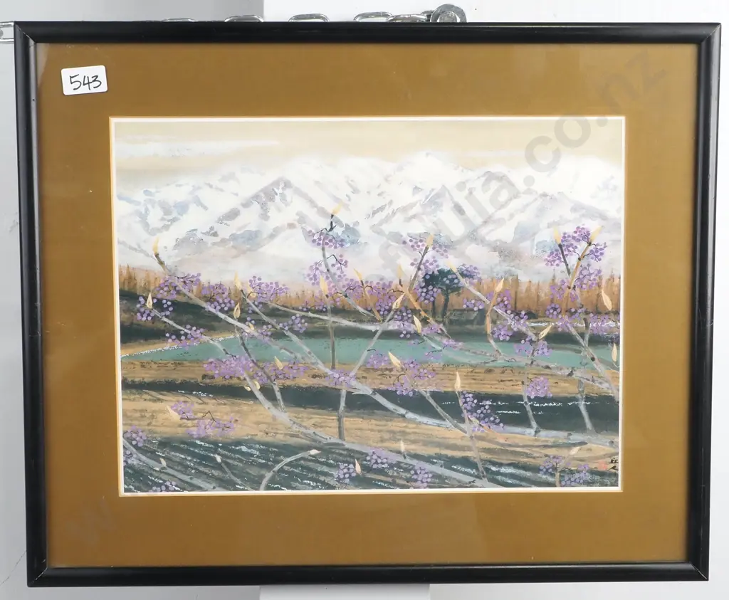 Landscape Scene w Cherry Blossoms & Snow Capped Mountains, Watercolour Image 1++