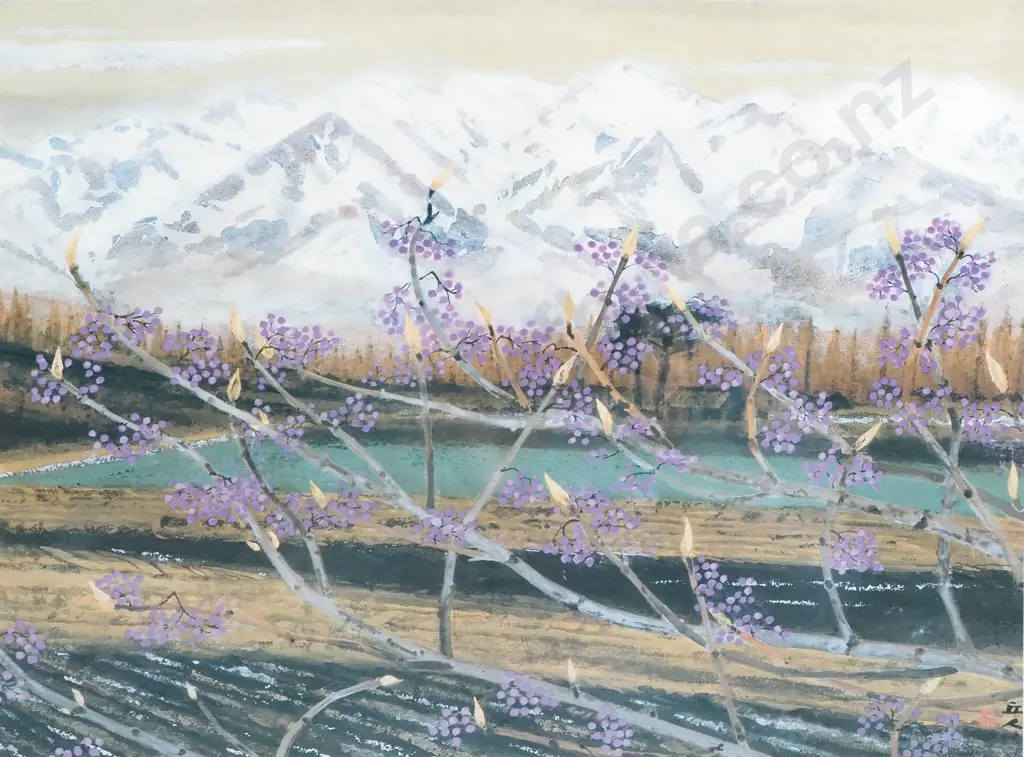 Landscape Scene w Cherry Blossoms & Snow Capped Mountains, Watercolour Image 1++