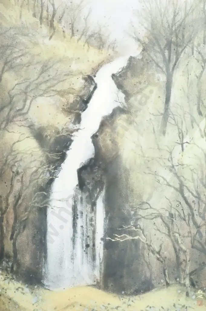 Misty Landscape w Waterfall, Watercolour Image 1++