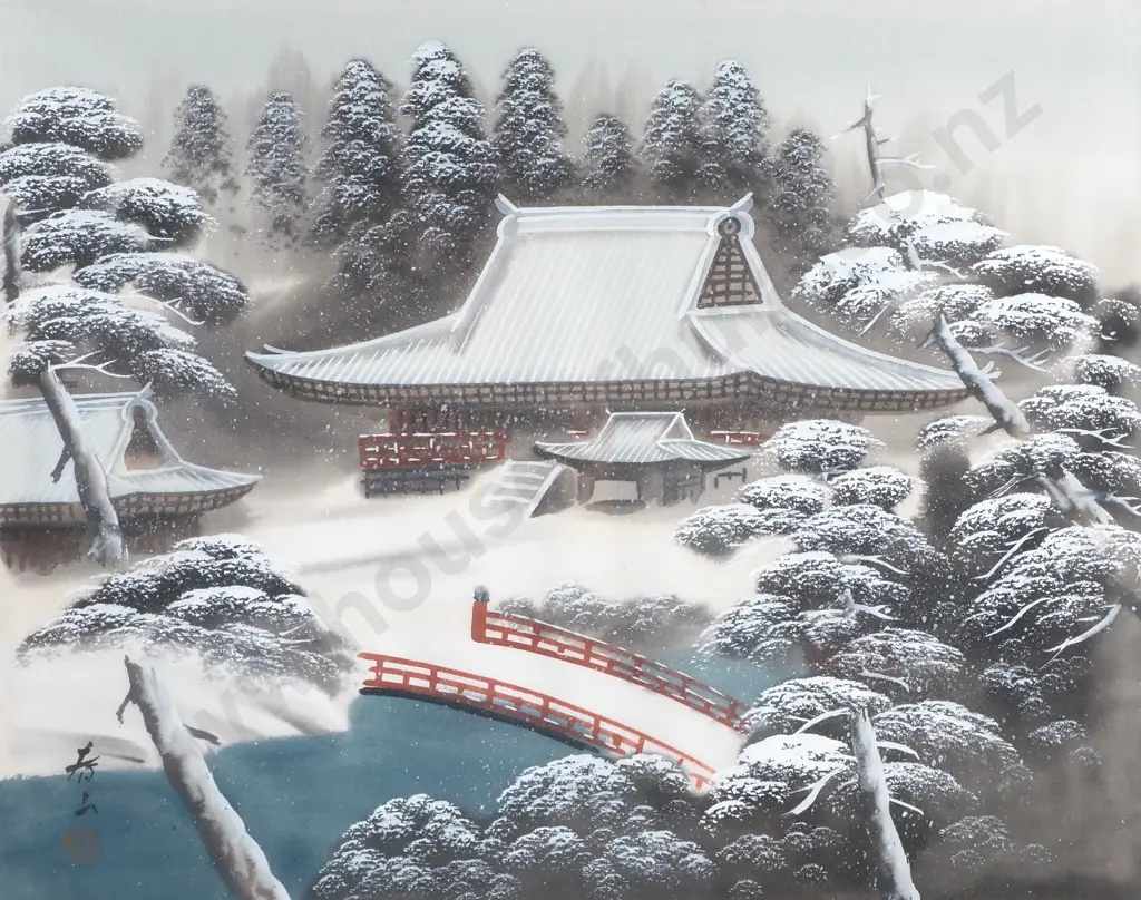 Signature in Japanese Script. Winter Scene. Print. Image 1++