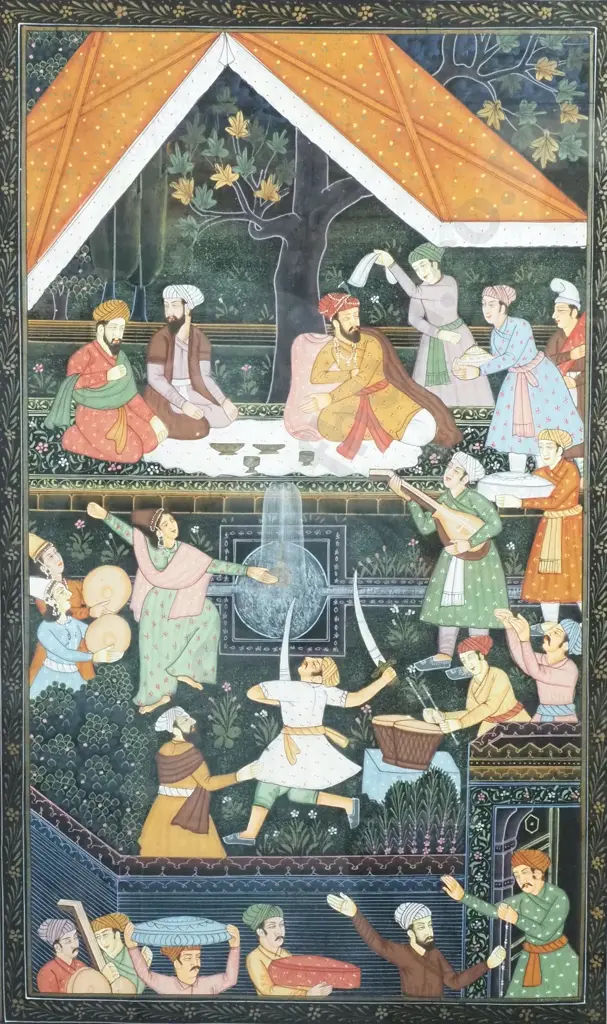 Mughal Miniature Depicting A Vibrant Scene Within A Garden Setting Where Nobles Are Seated &  Entertained By A Variety Image 1++