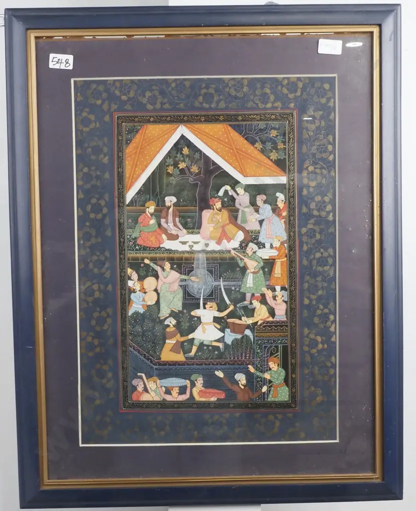 Mughal Miniature Depicting A Vibrant Scene Within A Garden Setting Where Nobles Are Seated &  Entertained By A Variety Image 1++