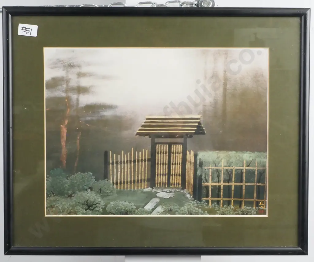 Misty Landscape w Traditional Wooden Structure, Watercolour Image 1++