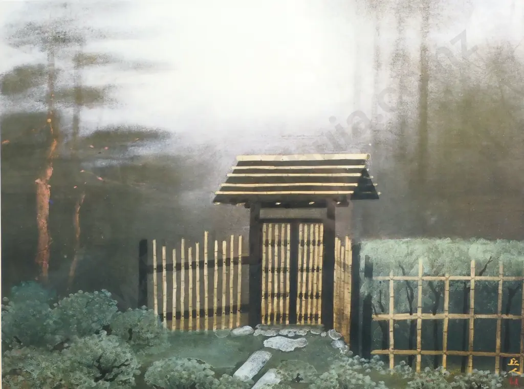 Misty Landscape w Traditional Wooden Structure, Watercolour Image 1++