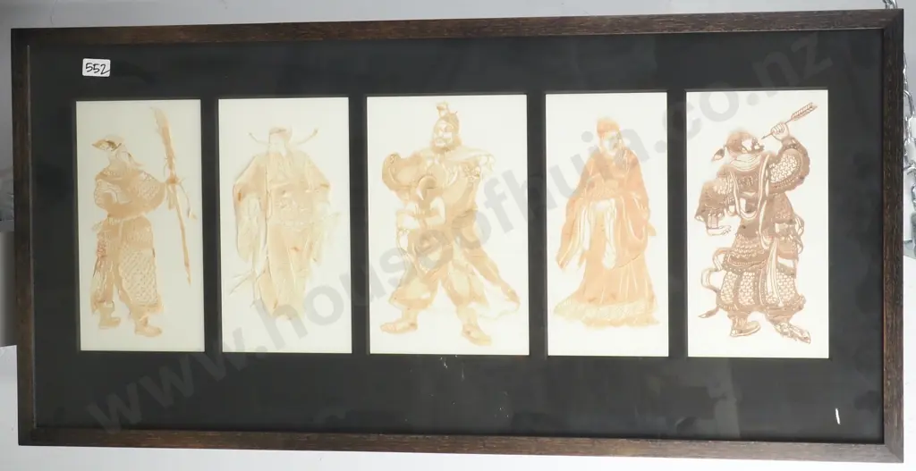 Chinese Silk Cut Artwork Depicting Five  Warriors In Individual Frames. Image 1++
