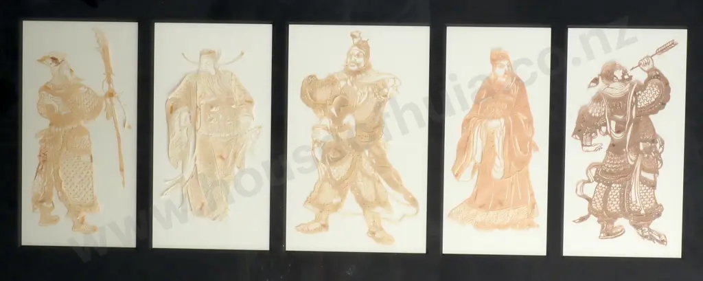 Chinese Silk Cut Artwork Depicting Five  Warriors In Individual Frames. Image 1++