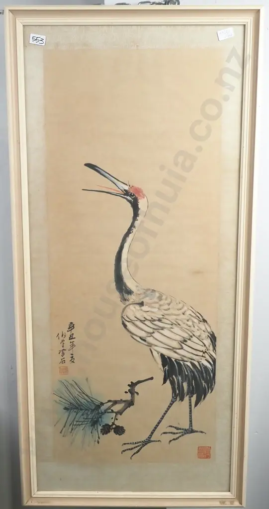 Oriental Crane Painting on Paper - Signed Image 1++