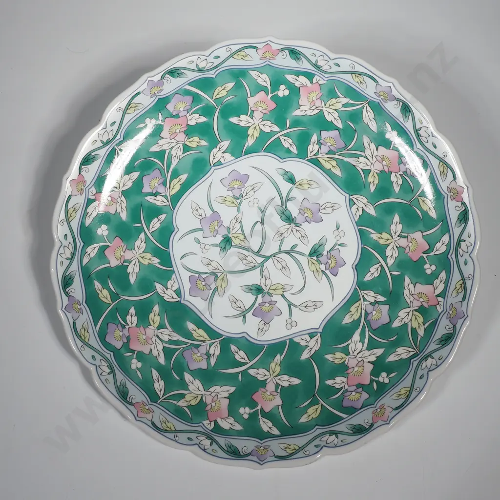Arita Ware Plate from the Ryuhougama Kiln, Green Glaze w Silver Accents & Pink & Purple Flowers Image 1++