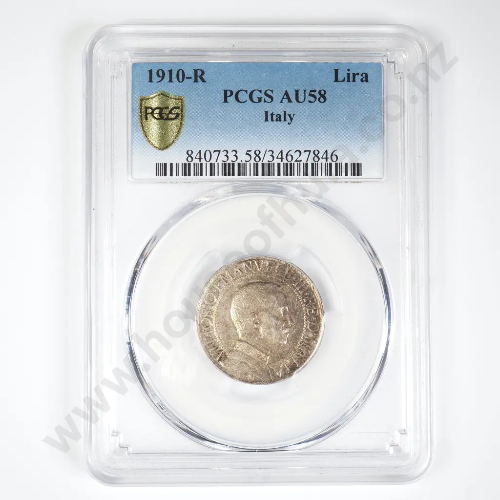 Italy 1910 One Lira in PCGS AU 58 Slab Image 1++