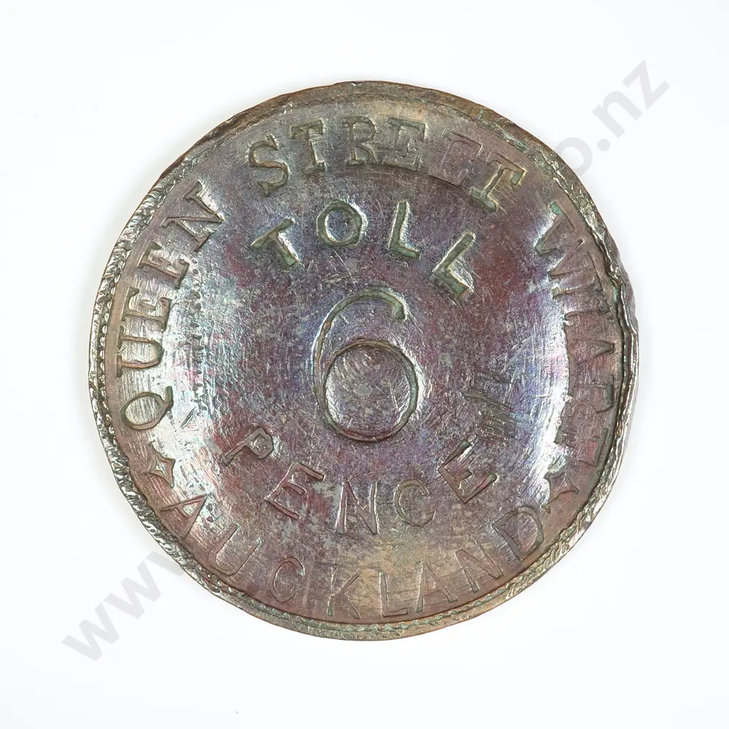 NZ 1864-66 Auckland Queen Street Wharf Six Pence Token Image 1++